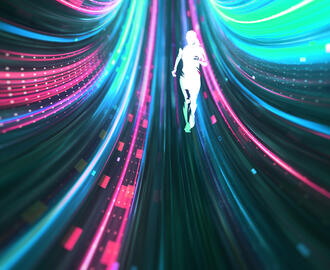 The silhouette of a person runs along an abstract digital background