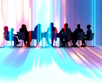 The silhouette of workers in a boardroom meeting surrounded by colorful abstract  bars