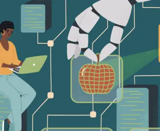 Women in AI concept vector illustration. Woman controls robotic arm with digital tablet. Diversity and Break the science bias. Female developer and engineer in tech. Innovative technologies.