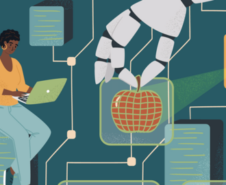 Women in AI concept vector illustration. Woman controls robotic arm with digital tablet. Diversity and Break the science bias. Female developer and engineer in tech. Innovative technologies.