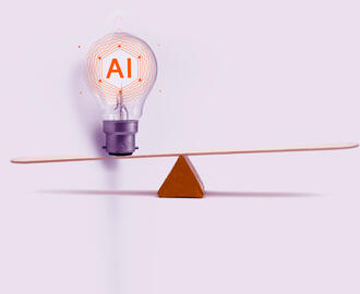 A lightbulb with the acronym 'AI' balances on a seesaw