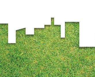 A city skyline silhouette made of grass