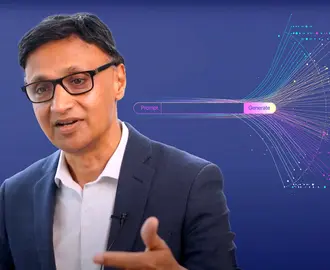 Rama Ramakrishnan with an illustration of a large language model 'prompt' and 'generate' button