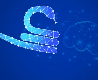 An AI looking snake with digital brain and network connection lines in the background
