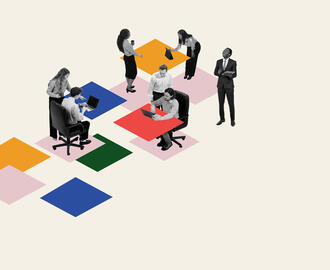 A photo illustration of various workers working with colorful geometric blocks