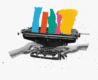 A photo illustration of colorful bars coming out of a typewriter