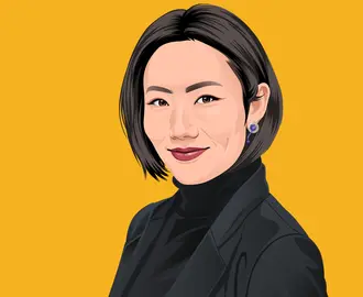 Illustrated photo of woman wearing jacket on yellow background
