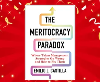 Cover of Emilio Castilla's book "The Meritocracy Paradox" against a celebratory red background with some ribbons and stars