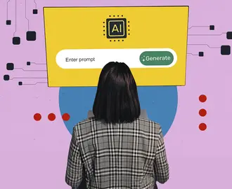 A person looks at an AI screen that says "Enter prompt" and "Generate"