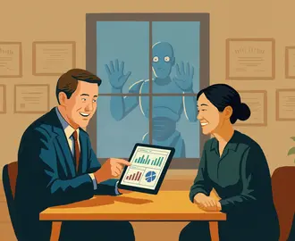 A financial advisor chats with a client while a robot looks through the window