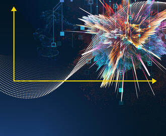 A curved line and colorful explosion appear on an abstract graph