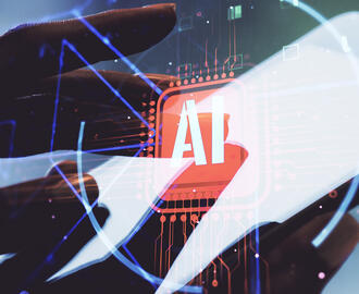 A mobile device photo is double exposed with an image of a circuit with the letters "AI"