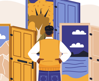 Illustration of person standing in front of several open doorways
