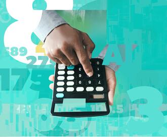 An illustration of a hand entering data on a calculator.