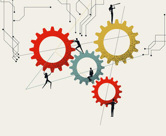 An illustration of a team of workers working on cogwheels