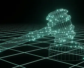 Green digital 3D rendering of a gavel on a black background