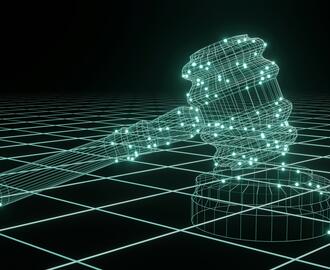 Green digital 3D rendering of a gavel on a black background