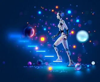 Robot woman walking up futuristic steps