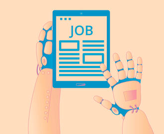Robot hands typing a job listing on a tablet