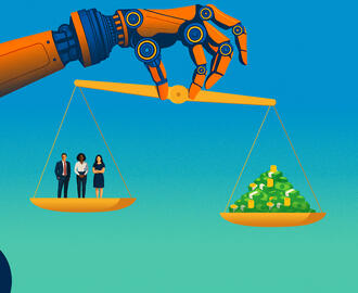 A robot arm lifts a scale with employees on one side and money on the other
