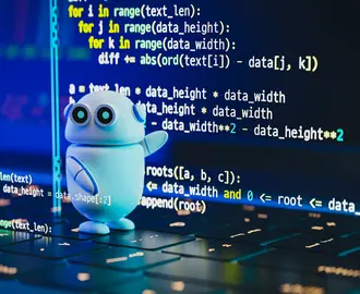Small, 3D white round chatbot pointing at code on computer screen