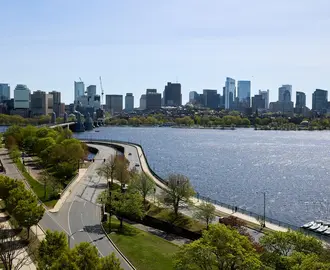 View of boston skyline over the Charles River from E62, looking in the direction of the Longfellow Bridge