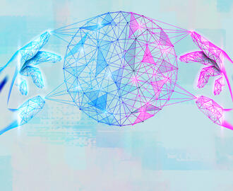 Two hands hold the earth in a polygonal artificial intelligence design
