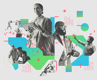 A collage of employees, artificial intelligence, and geometric shapes