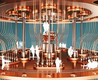 Silhouettes of various employees in a larger than life quantum computer