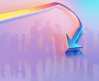 A U-turn symbol is overlayed on top of a crowd of workers