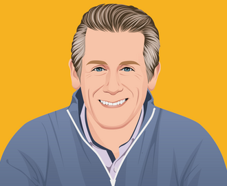 Illustration of smiling man wearing blue jacket against yellow background