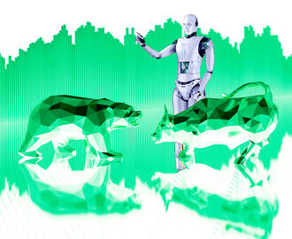 A robot, bear, and bull in front of a bar graph