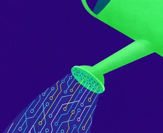 digital/AI/circuitry imagery flows out of a watering can