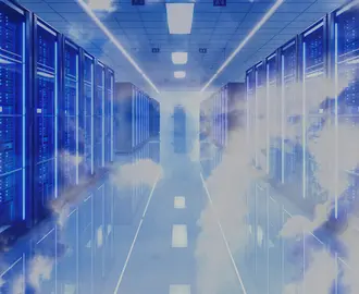 Clouds/carbon emission floating through a data center