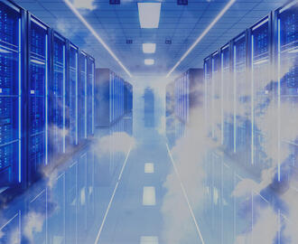 Clouds/carbon emission floating through a data center