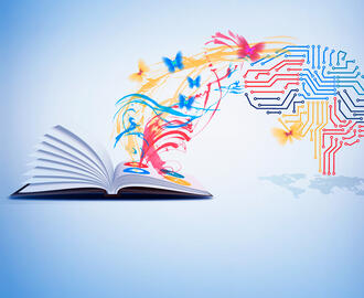 Various shapes and butterflies fly out of an open book and into a digital brain