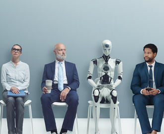 Three professionals and a robot sit in a waiting room