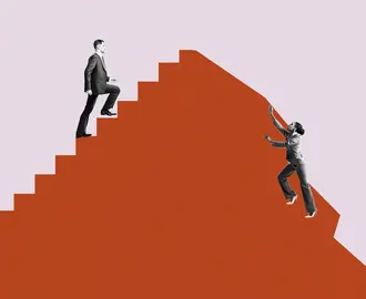 Illustration of a white man ascending steps on a hillside, while a woman of color struggles to rise on the other side, where there is not stairway