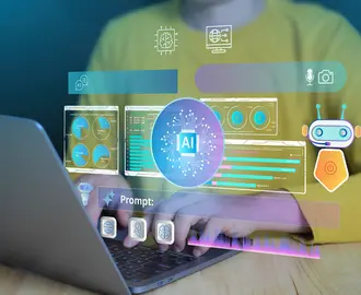 A person types on a computer with various AI screens and AI agents popping up