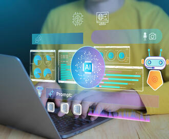 A person types on a computer with various AI screens and AI agents popping up