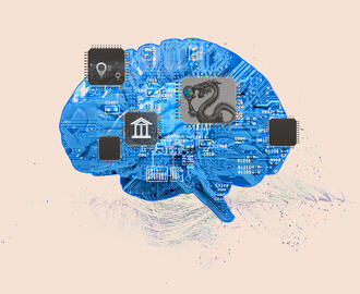 A circuit board in the shape of a brain is covered with microchips with images of a bank, gps points, and a dragon