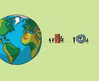 An illustration of a globe and elements of energy: wind turbine, battery, etc.
