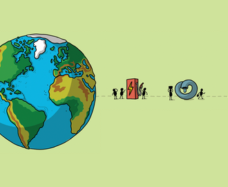 An illustration of a globe and elements of energy: wind turbine, battery, etc.