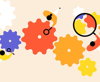 An illustration of workers examining a series of cogwheels with magnifying glasses