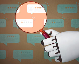 A robot holds a magnifying glass over customer reviews