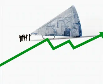 An illustration of workers talking into a megaphone on top of a line chart going up to the right