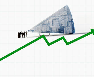 An illustration of workers talking into a megaphone on top of a line chart going up to the right