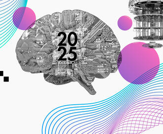 A circuit board in the shape of a brain and a quantum computer with abstract geometric shapes