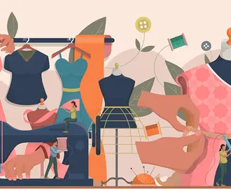 Illustration of clothes being designed with people and hands throughout the image and leaves in the background.