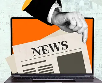 Illustration of newspaper front page being plucked out of laptop screen